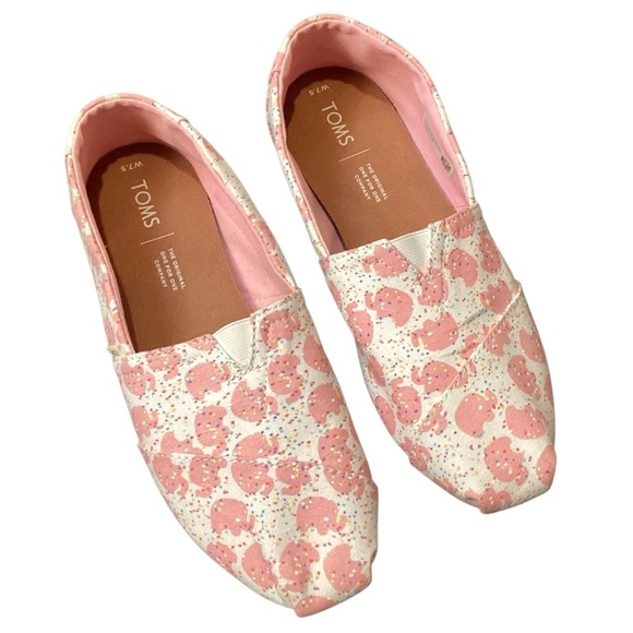 Toms Classic Size 7.5 Shoes Pink Canvas Elephant Sprinkles Puff Print Flat - Picture 1 of 9